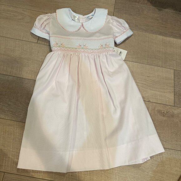LULU BEBE GIRLS PINK SIZE 6 SPRING EASTER BUNNY DRESS NEW SMOCKED GORGEOUS - Picture 1 of 10